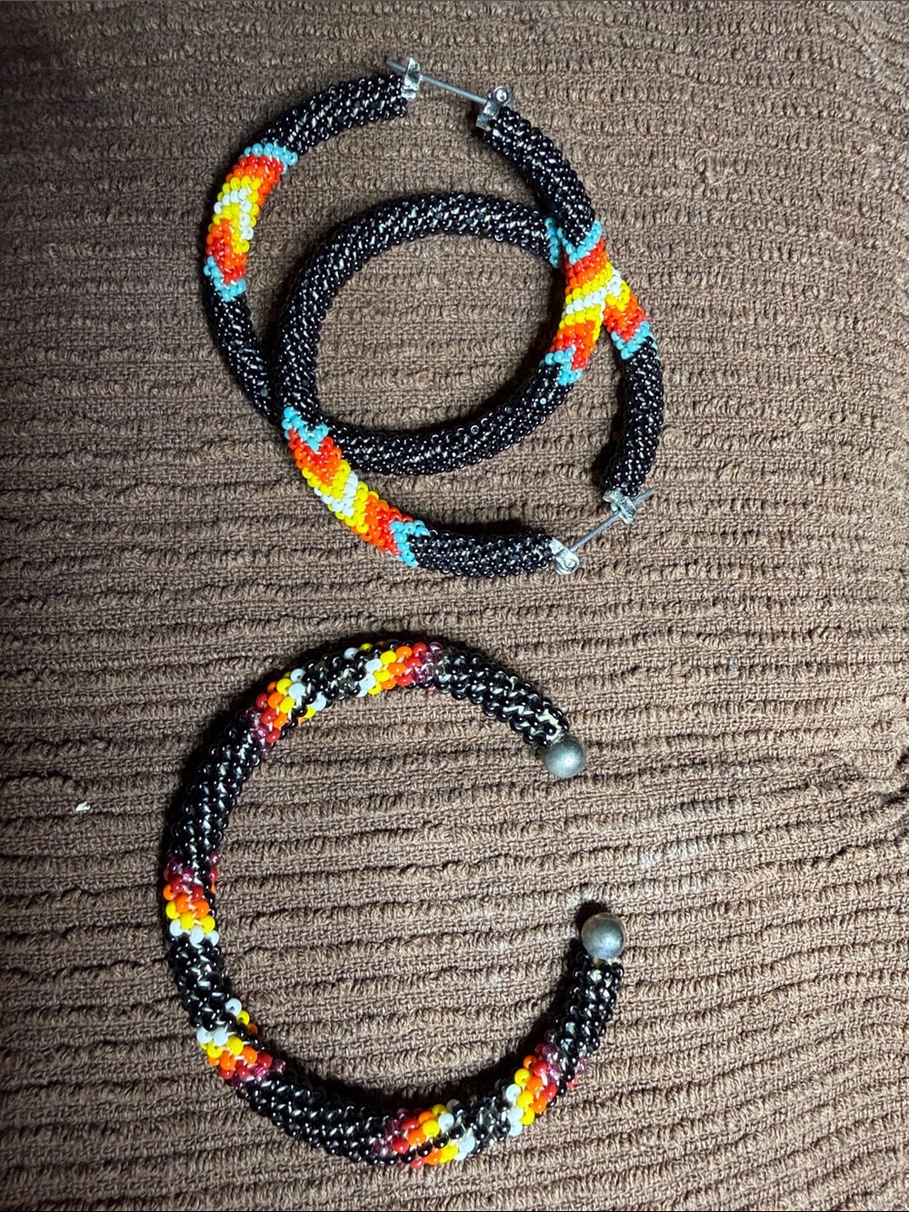 Handmade Black Seed Bead Hoop Earrings with Multicolor Accent and Bracelet